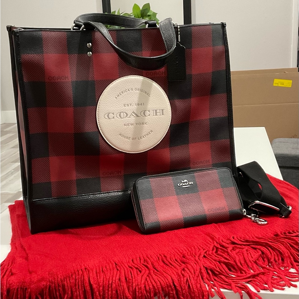 Coach plaid tote with matching wallet